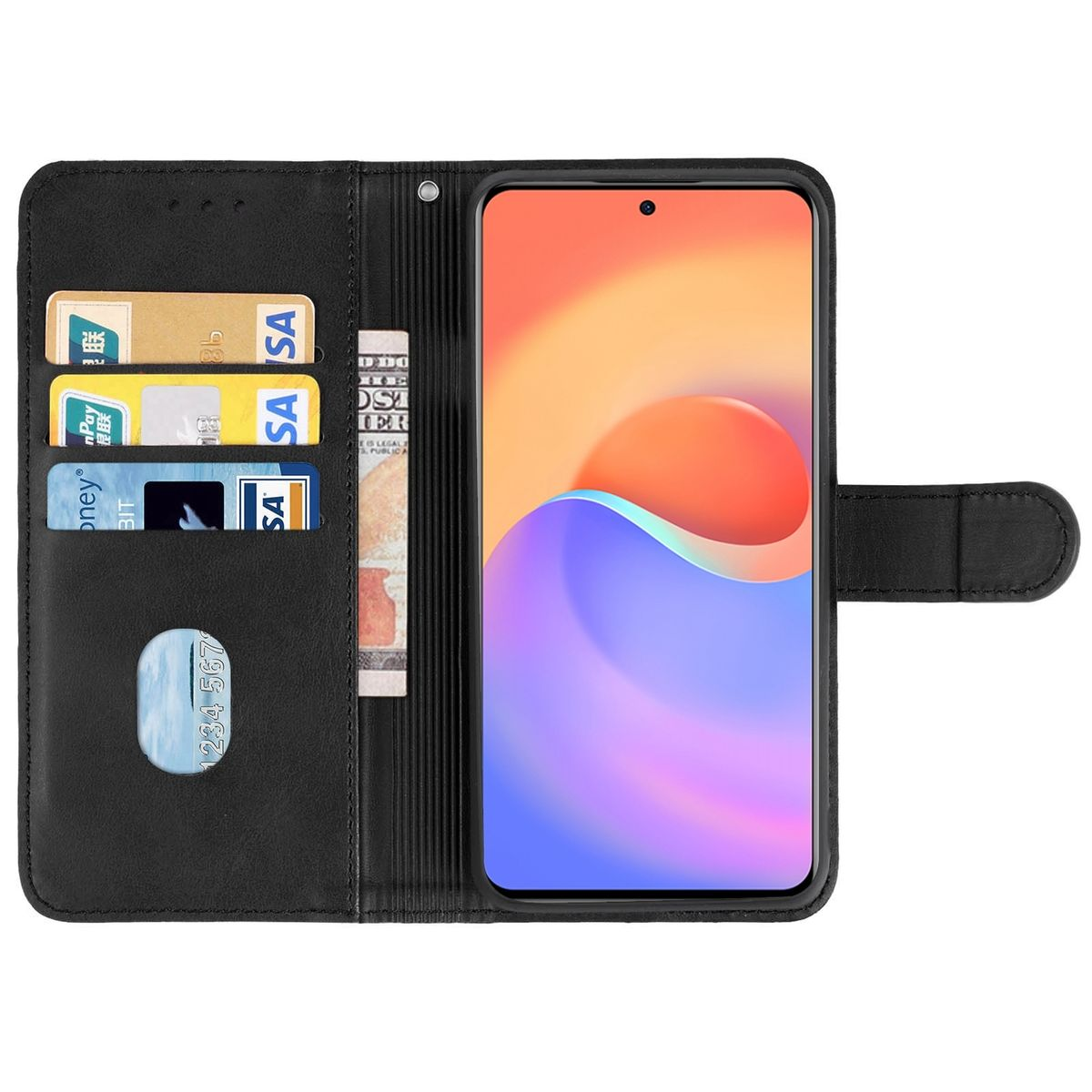 Schwarze Handyhülle offen, zeigt Karten und ein Telefon. Karten in Schlitzen, Telefon innen sichtbar.
