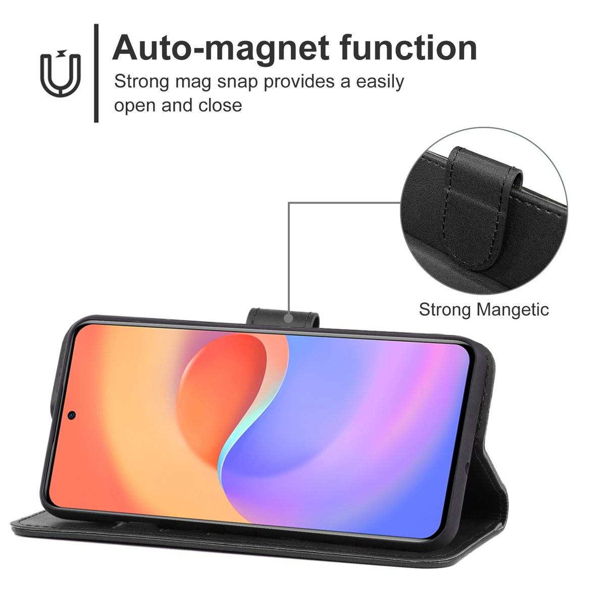 Offene schwarze Handyhülle. Zeigt den Telefonbildschirm mit rotem und orangefarbenem Hintergrund. Hat einen Magnetverschluss.
