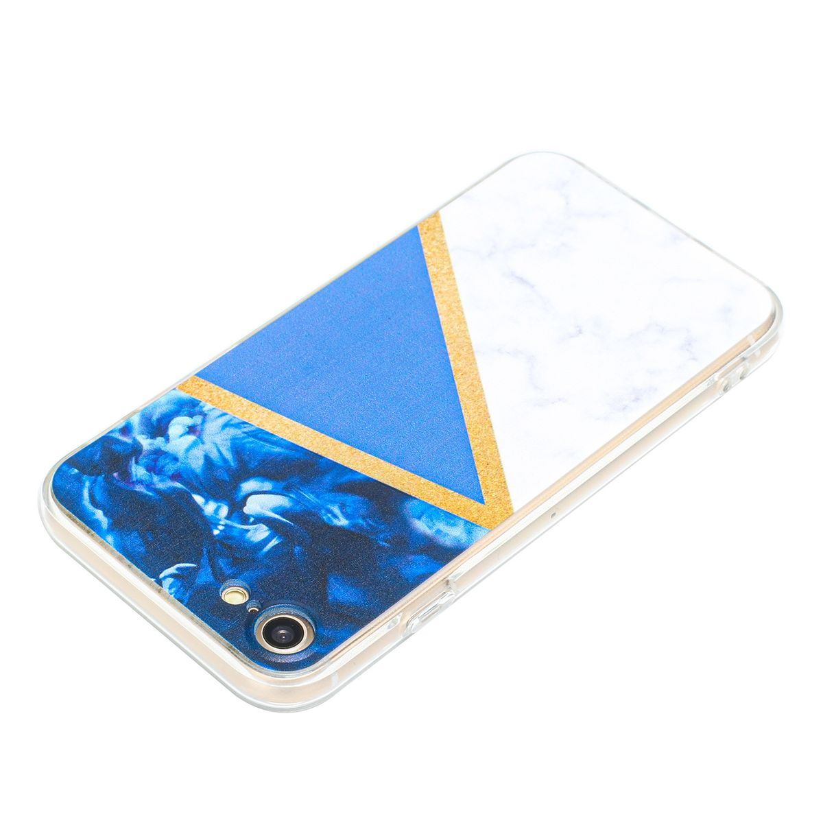 Handyhülle mit blauem, weißem und goldenem geometrischem Design. Weißer Hintergrund.