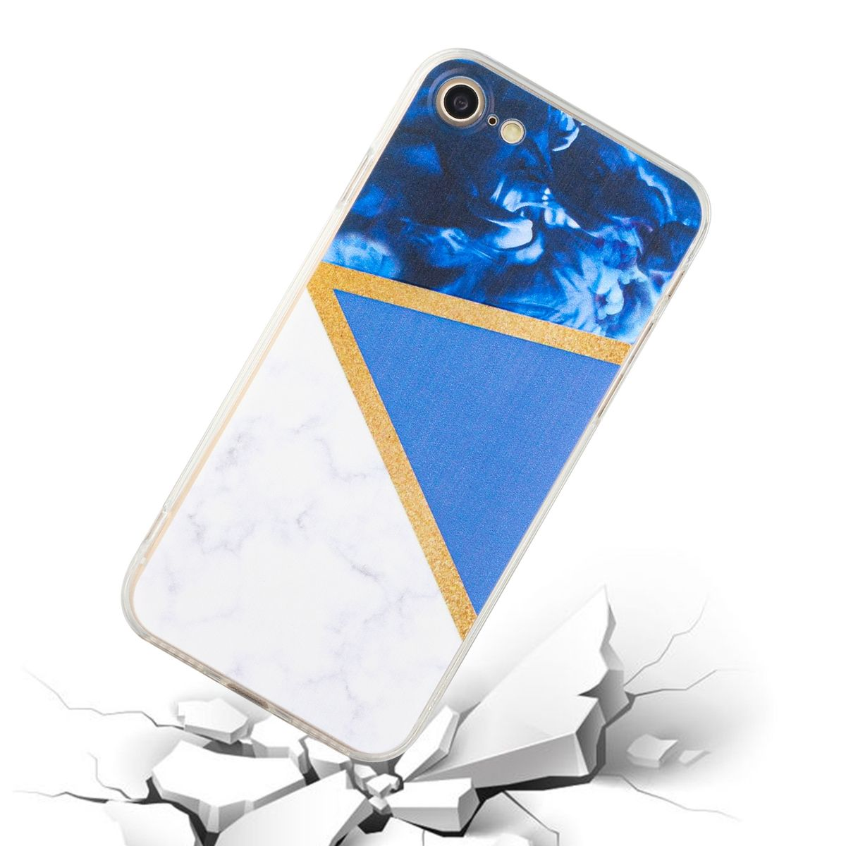 Eine Handyhülle mit geometrischem Design: Weiß, Blau und Gold.