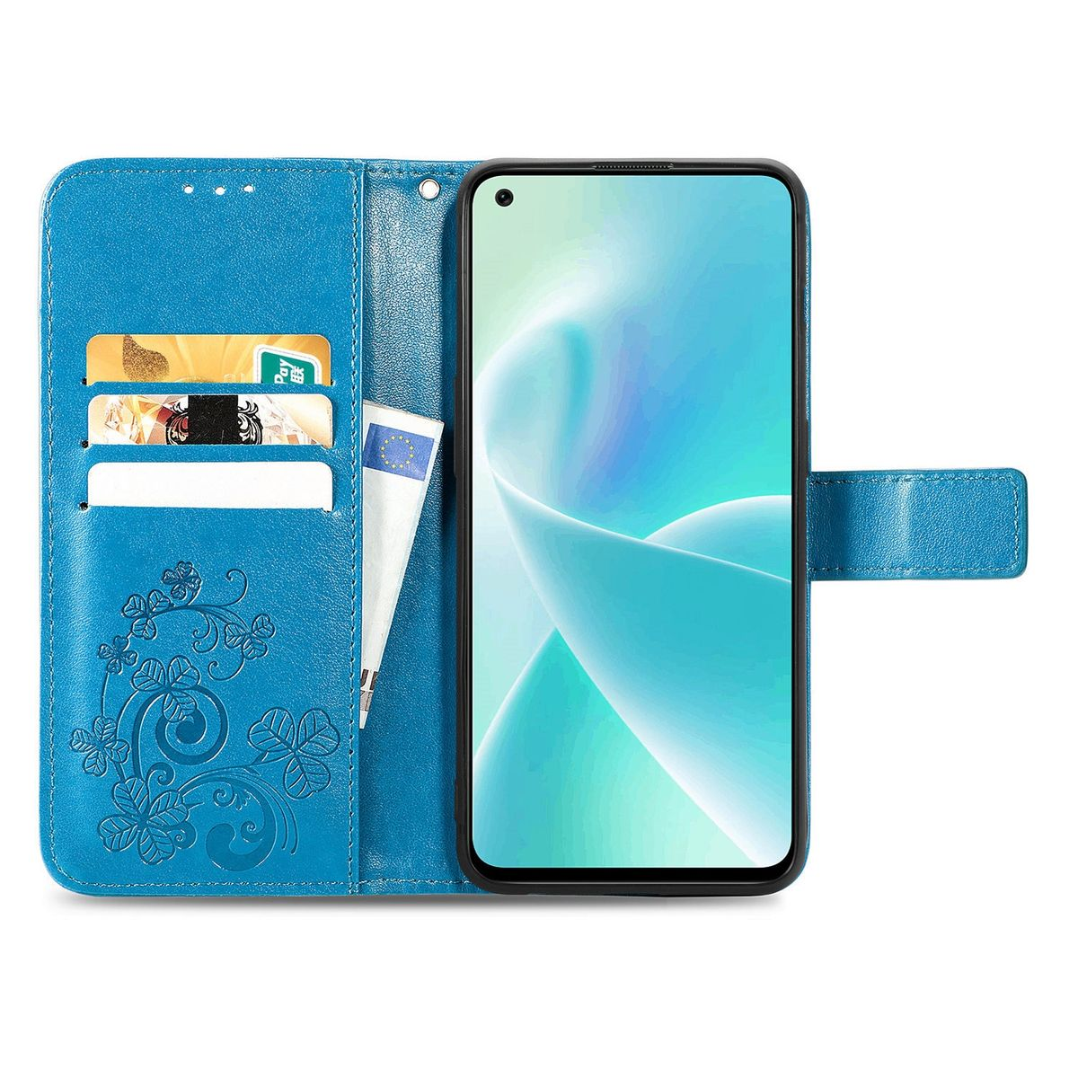 Blaue Handyhüllen-Geldbörse offen, zeigt Telefon und Karten. Das Telefon zeigt eine farbenfrohe Oberfläche.