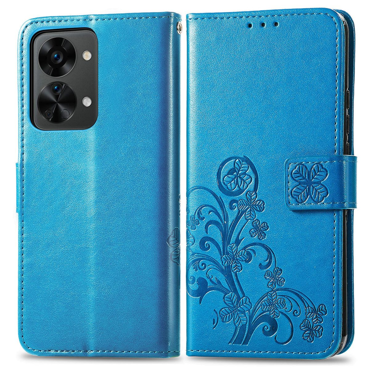 Blaue Handyhülle mit Blumendesign, offen, zeigt ein Telefon.