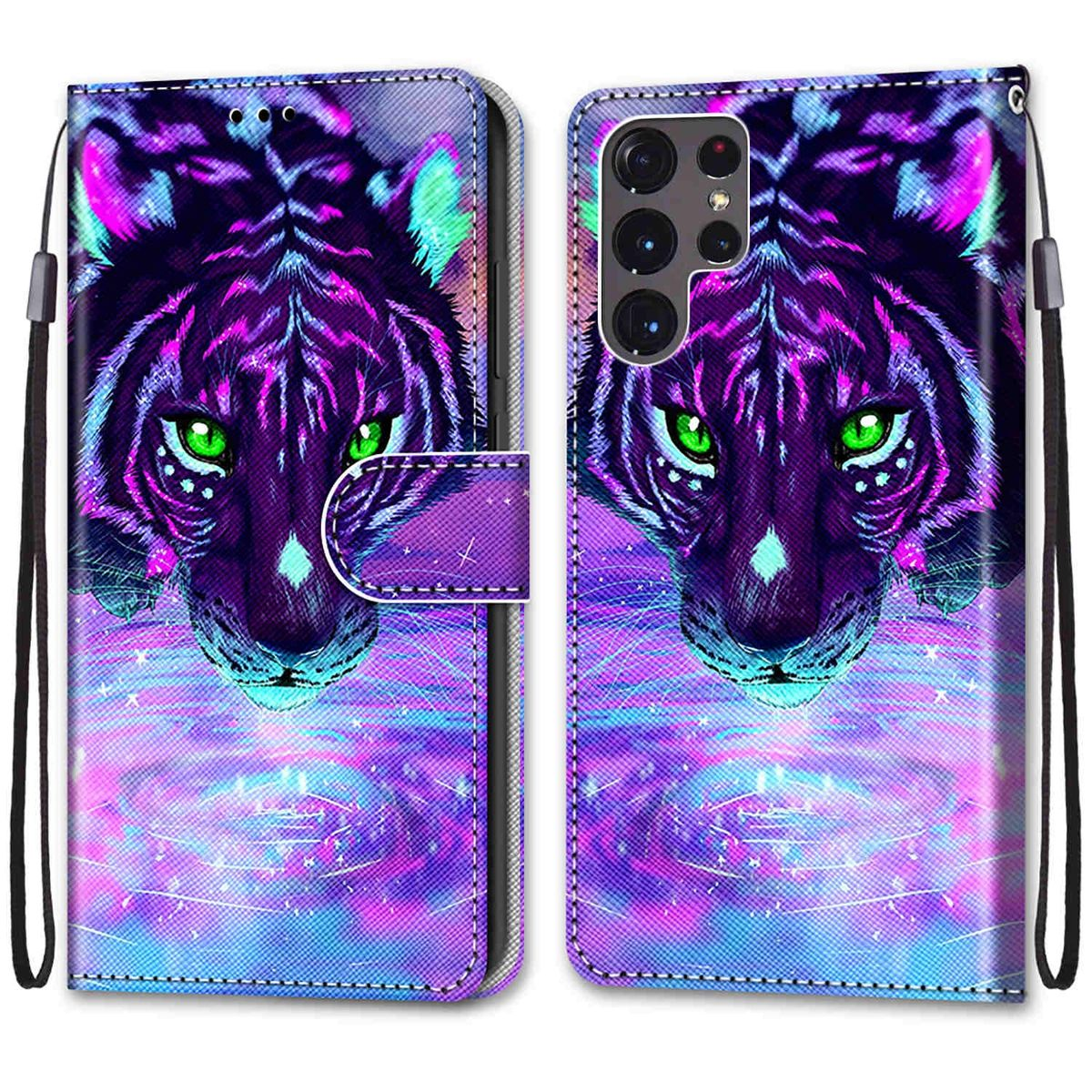 Geöffnete Handyhülle mit Tigerdesign. Der Tiger ist in der Mitte, mit grünen Augen und Lilatönen.
