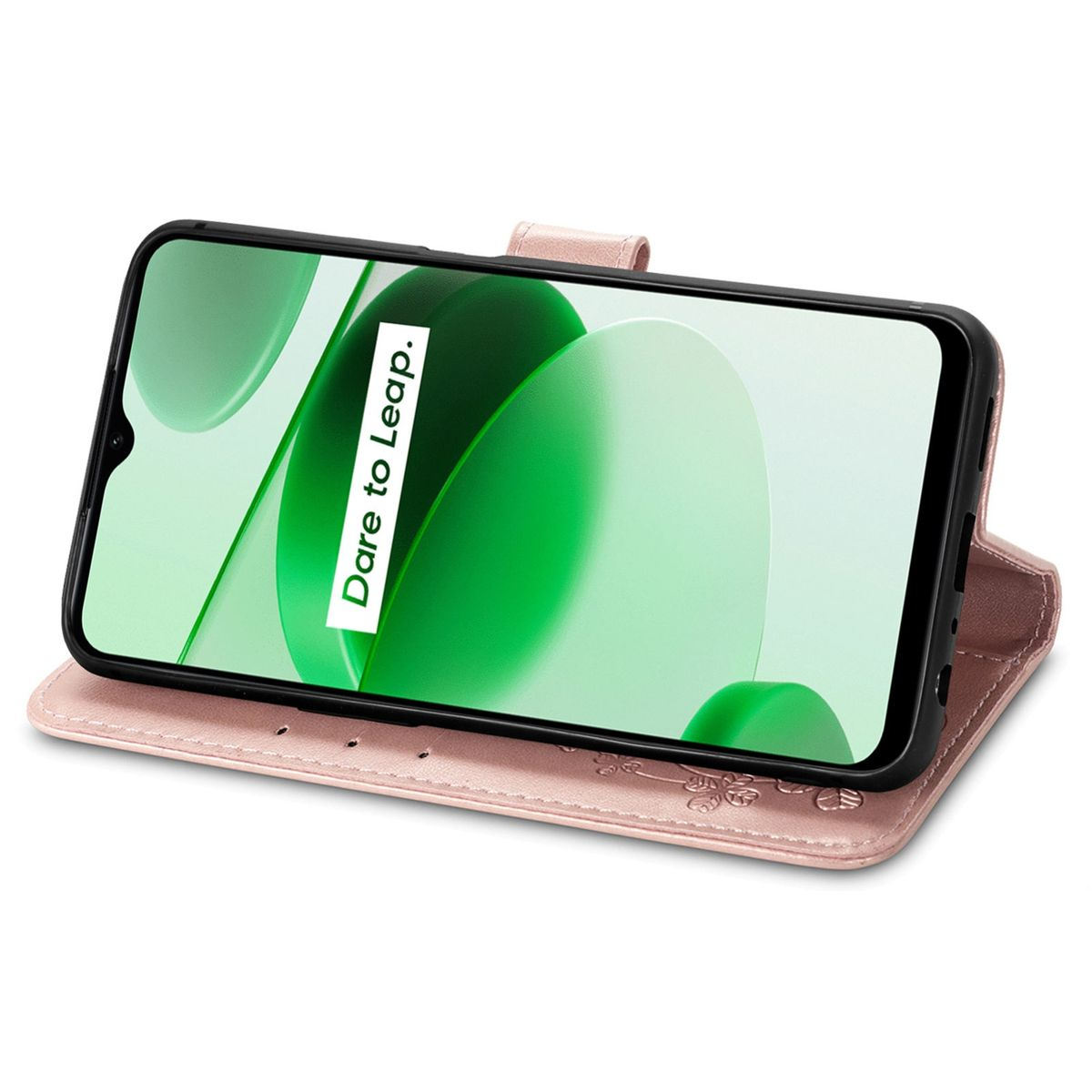 Rosa Handyhülle mit Telefon, die eine Stützfunktion zeigt. Grüner Hintergrund.