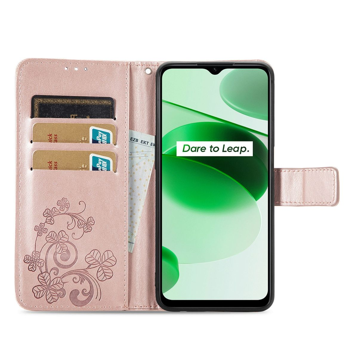 Rosa Handyhülle mit Telefon und Kartenfächern. Auf der linken Seite befindet sich ein Blumendesign.
