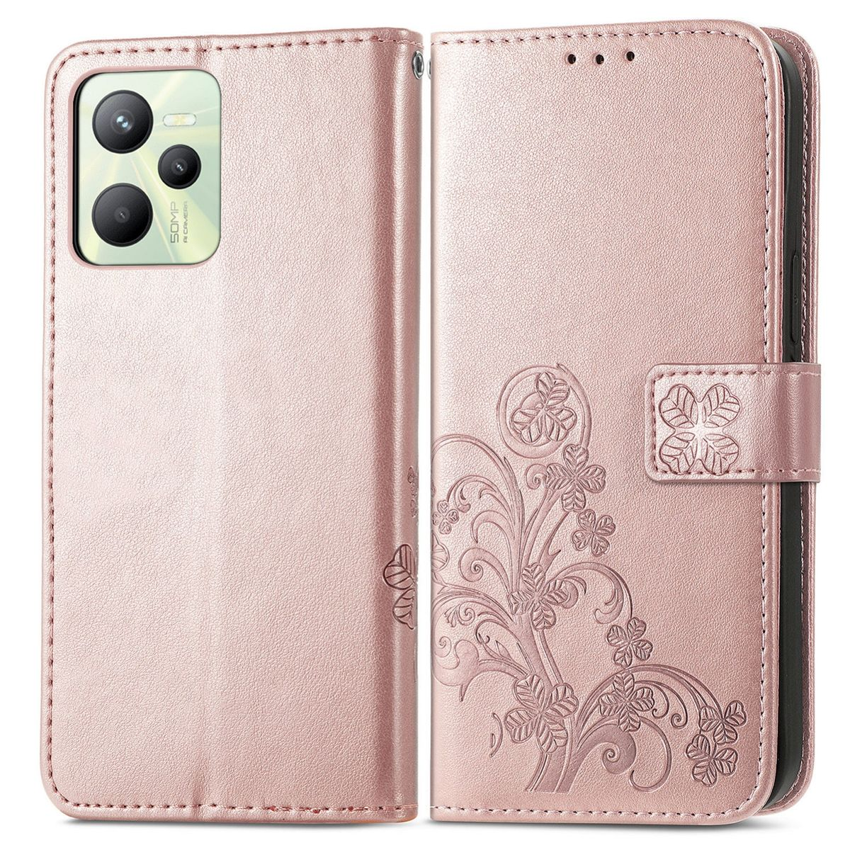 Eine rosa Handyhülle mit Blumendesign auf weißem Hintergrund.