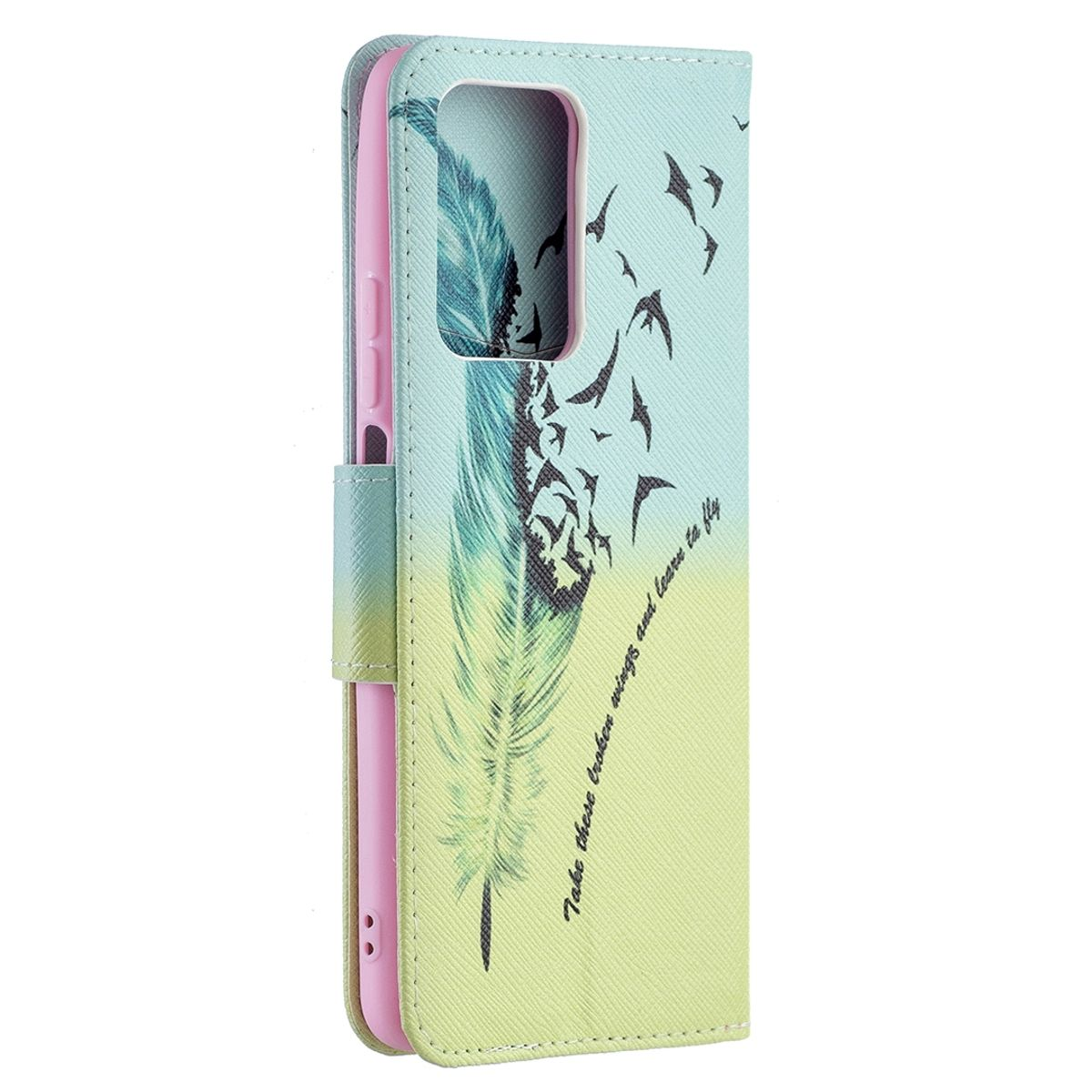 Handyhülle mit Federdesign, Vögel fliegen. Es ist eine Mischung aus Blau und Grün.