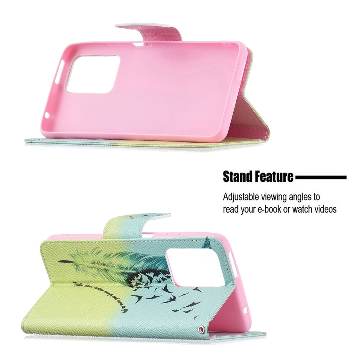 Eine Handyhülle geöffnet mit tropischer Szene. Eine rosa Hülle zeigt ein Telefon.
