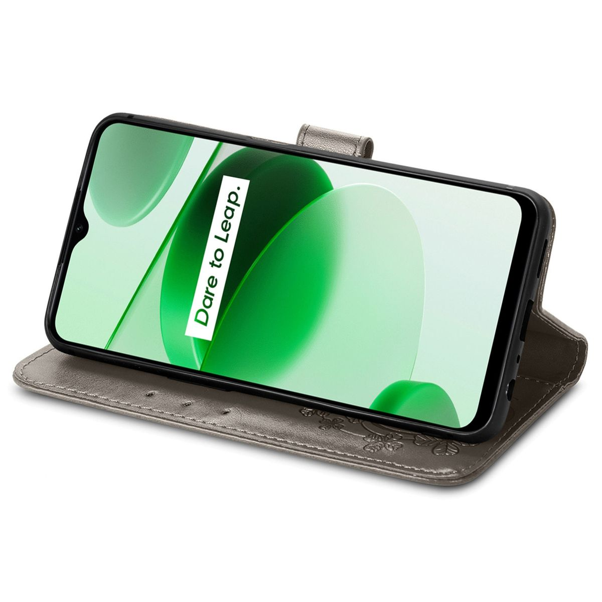 Ein Telefon in einer grauen Lederhülle, offen und aufrecht stehend. Der Bildschirm zeigt 'Dare to Leap'.