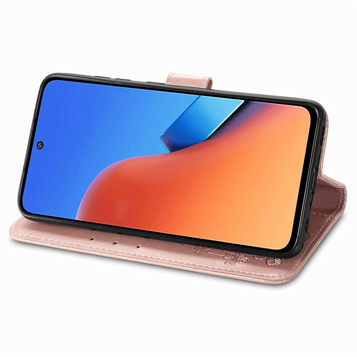 Rosafarbene Handyhülle mit Telefon, das einen blau-orangen Bildschirm zeigt, geöffnet auf einer Oberfläche.