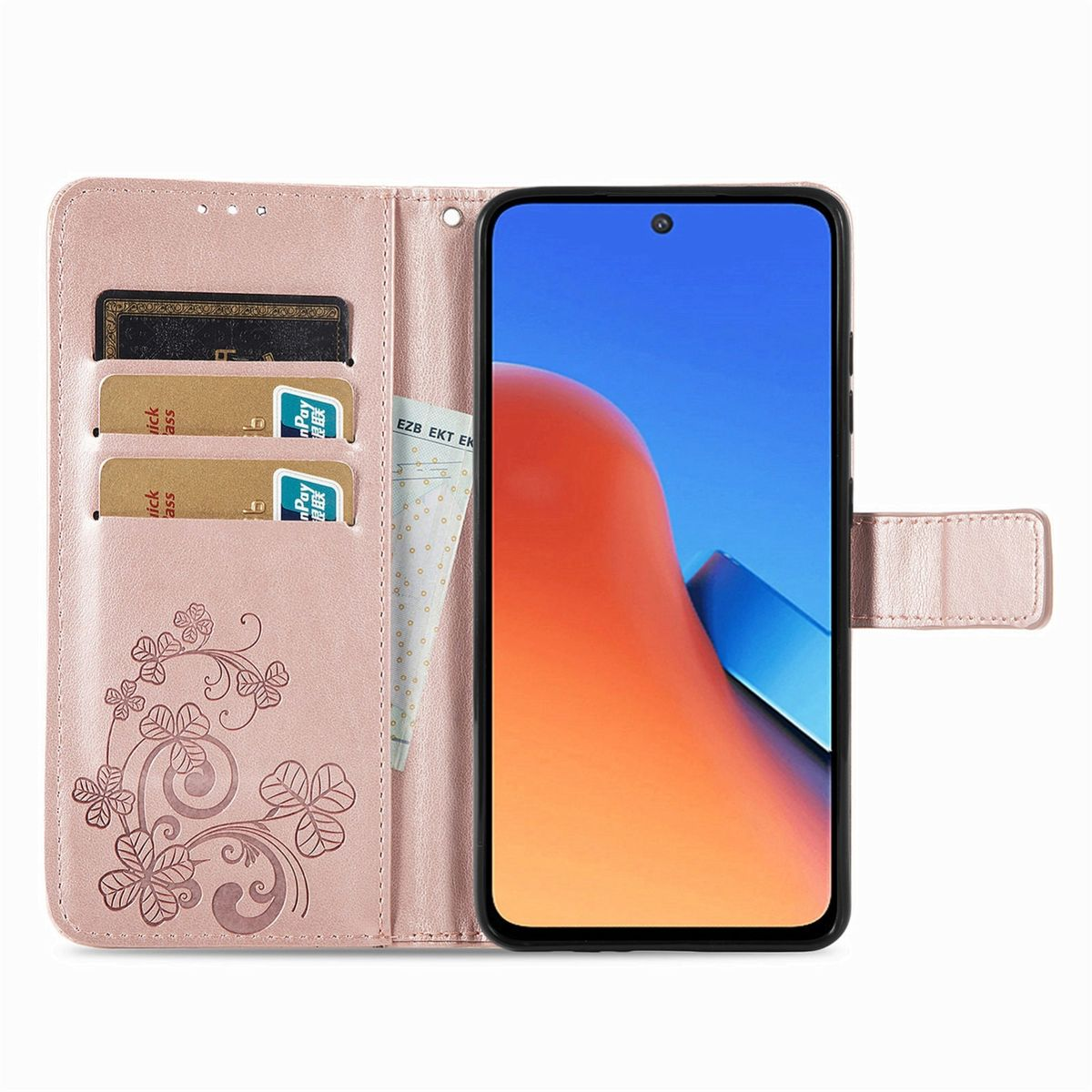Rosa Handyhülle mit floralem Design, hält Telefon. Enthält Karten und eine Tasche. Telefon zeigt oranges Bild.