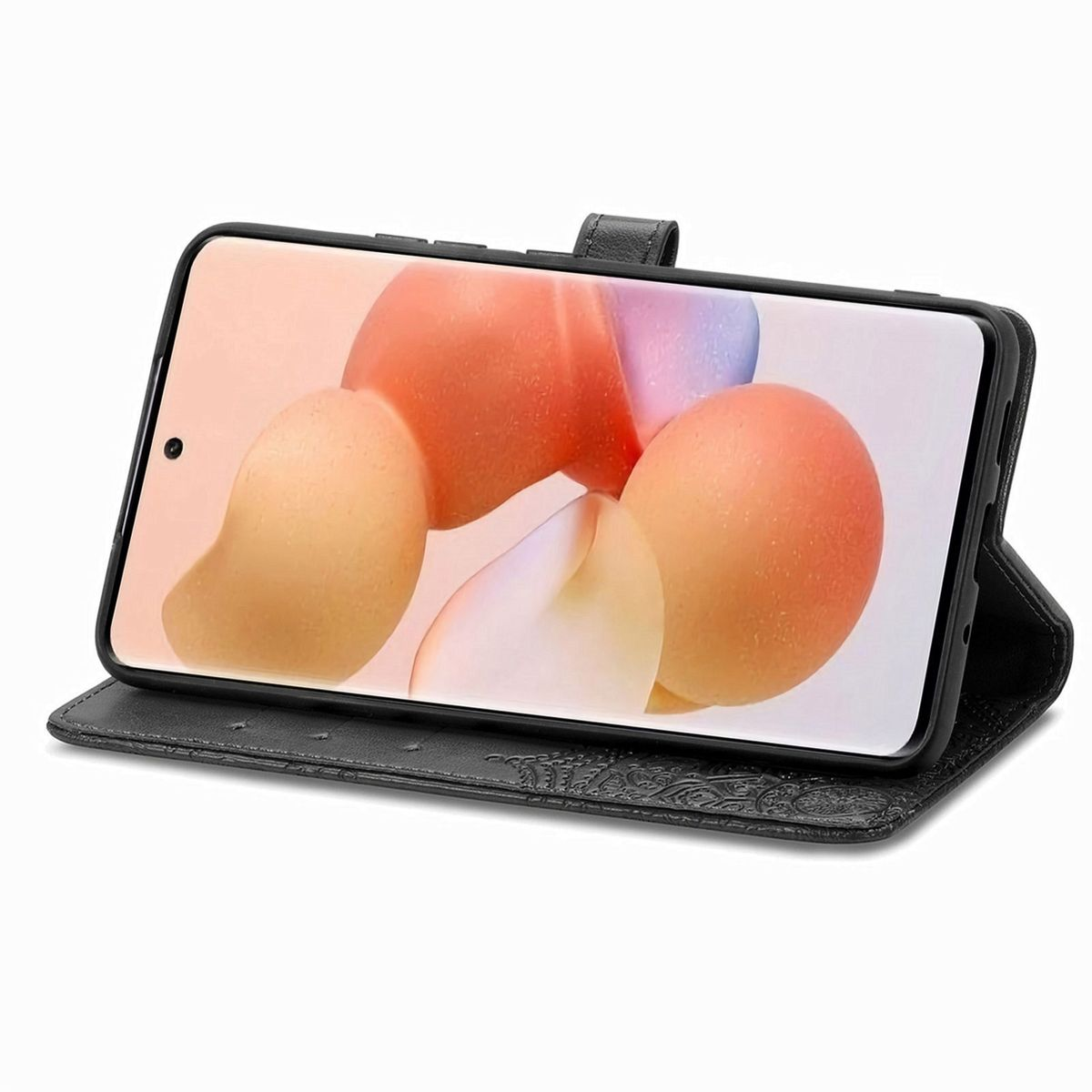 Handyhülle mit Telefon, zeigt pfirsichfarbenes Bild auf dem Bildschirm.