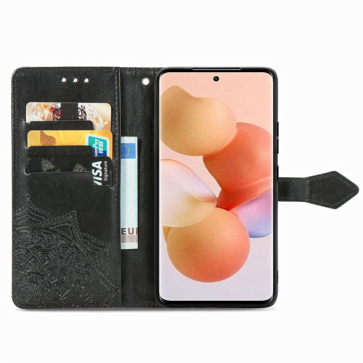 Geöffnete schwarze Handyhülle. Telefon mit farbenfrohem Hintergrund rechts, Kartenfächer und Bargeld links.