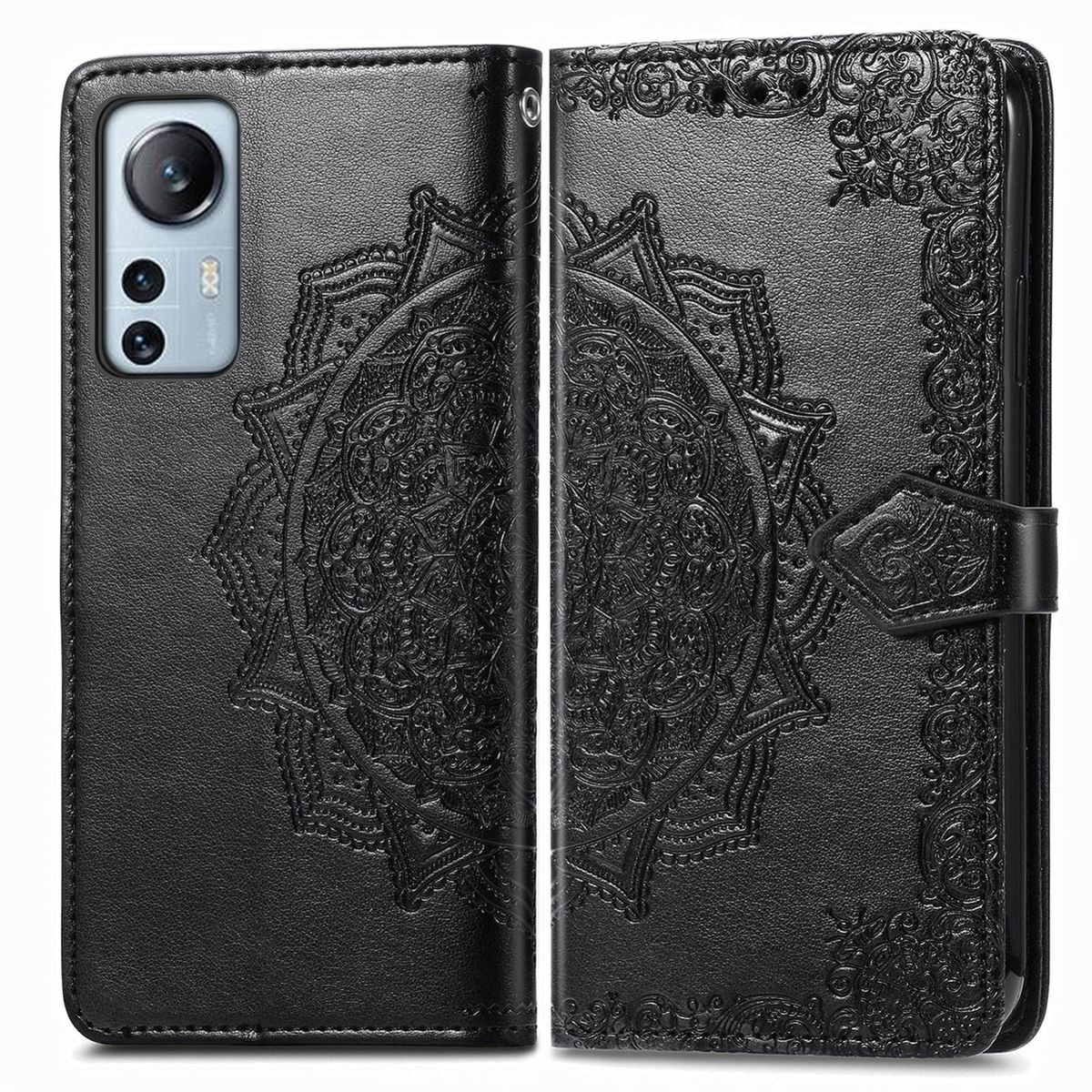 Schwarze Handyhülle, geschlossen, mit detailliertem Mandala-Design. Telefon links sichtbar.