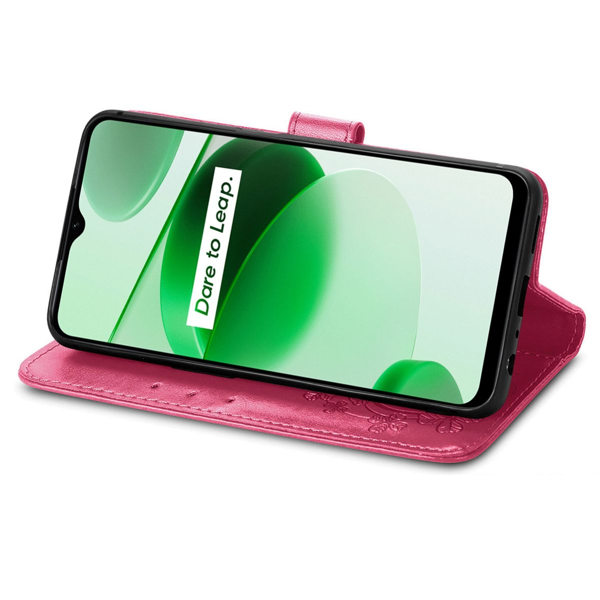 Rosa Handyhülle mit Telefon, das den Bildschirm zeigt. Im Standmodus geöffnet, mit Text 'Dare to Leap'.