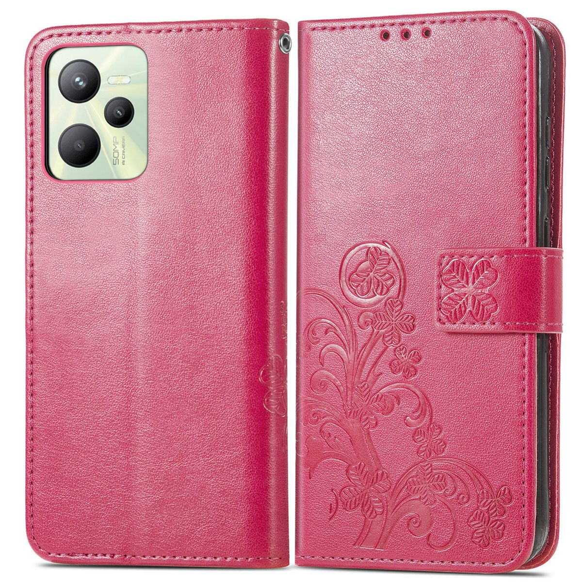 Geöffnete rosa Handyhülle mit Telefon. Blumenmuster innen. Lederähnliche Textur.