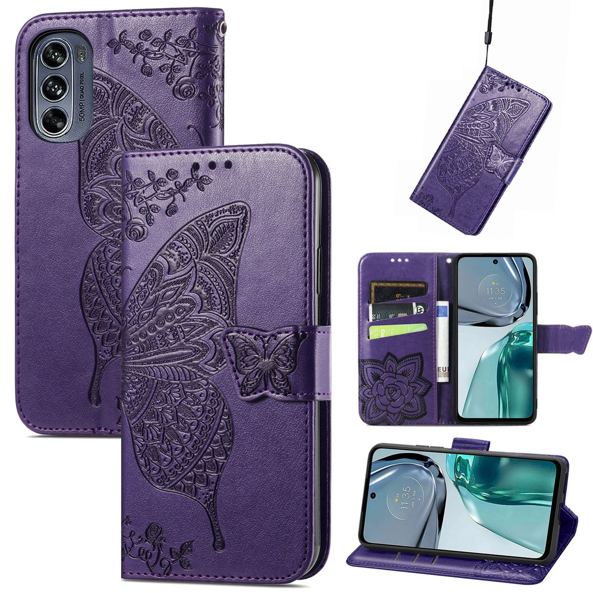 Lila Handyhülle, Schmetterlingsdesign. Mehrere Ansichten: offen, geschlossen, Kartenfächer und Telefon.