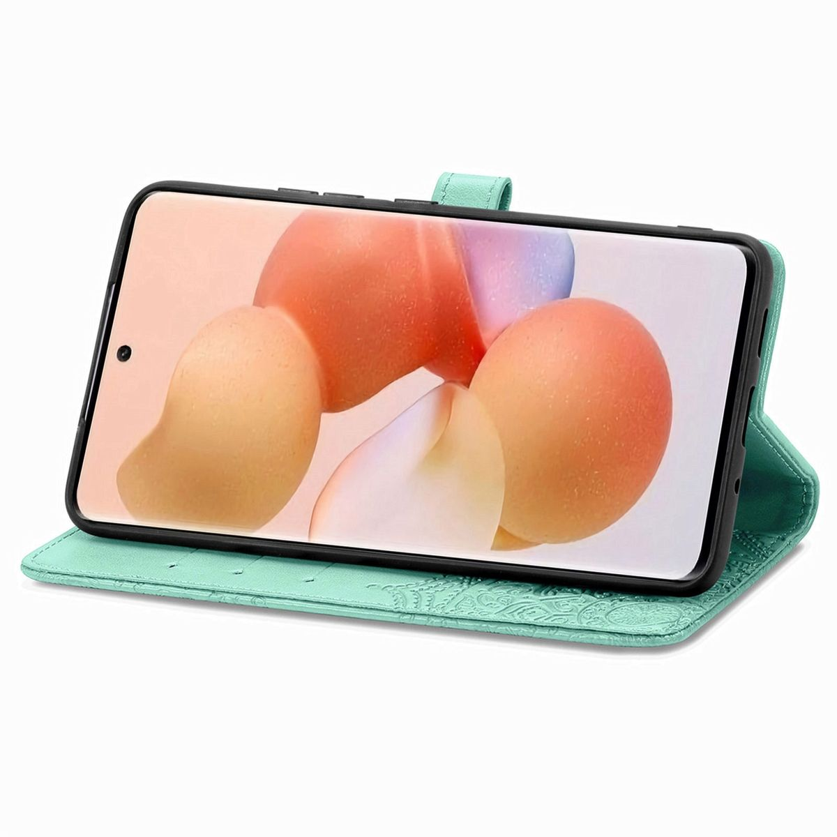 Geöffnete Handyhülle mit Telefon, abstraktem Hintergrund auf dem Bildschirm, mintgrüne Hülle.