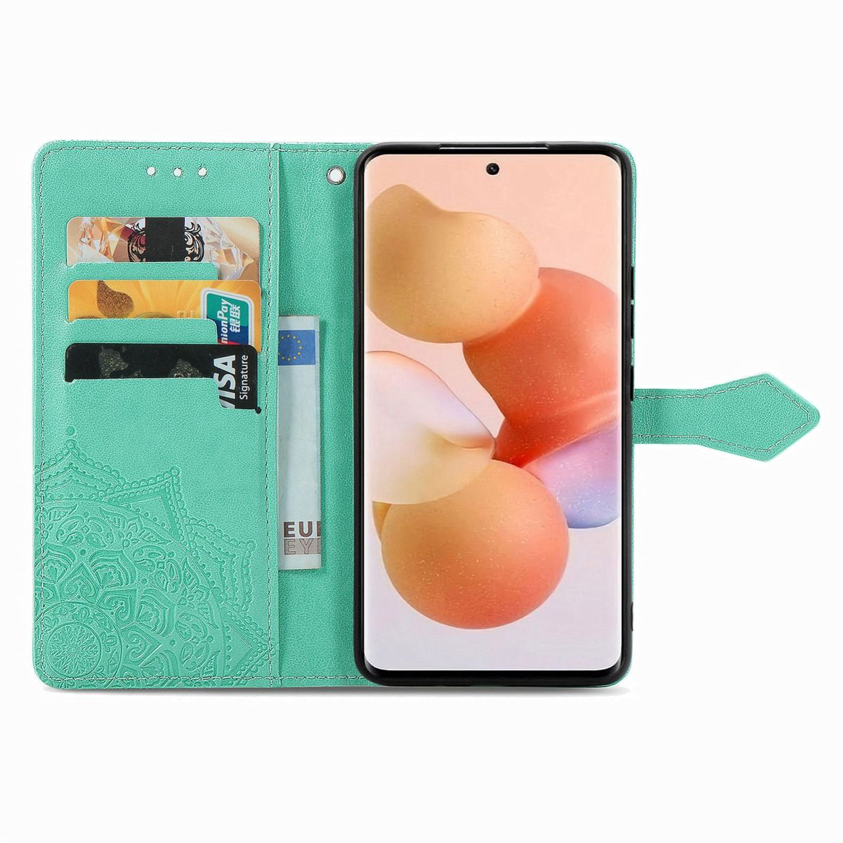 Offene Handyhülle mit Telefon, grüne Farbe und Mandala-Design. Weißer Hintergrund.