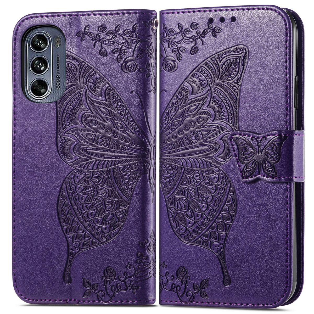 Lila Handyhülle mit Schmetterlingsdesign. Geöffnet auf einer Oberfläche, mit Telefon innen.
