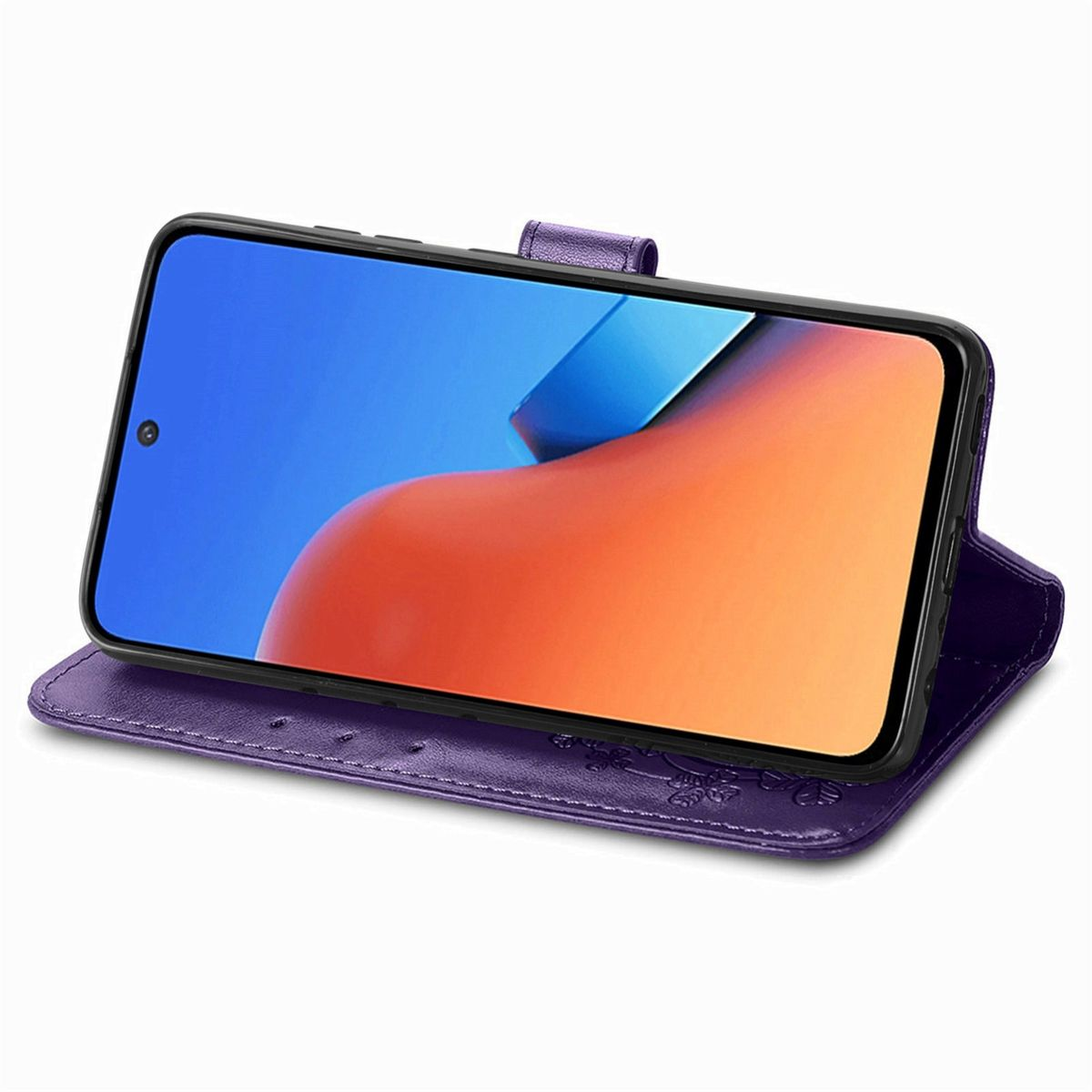 Lila Handyhülle in Ständerposition, hält ein Telefon mit blauem und orangefarbenem Bildschirm. Die Hülle ist offen.
