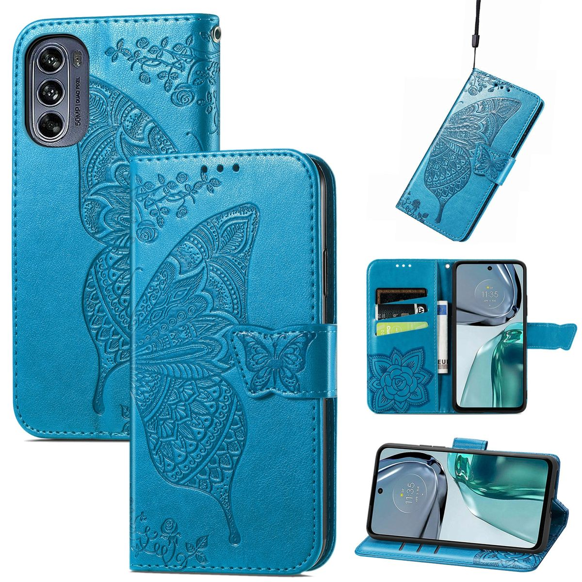 Blaue Handyhülle mit Schmetterlingsdesign. Die Hülle ist offen und zeigt ein Telefon, Kartenfächer.