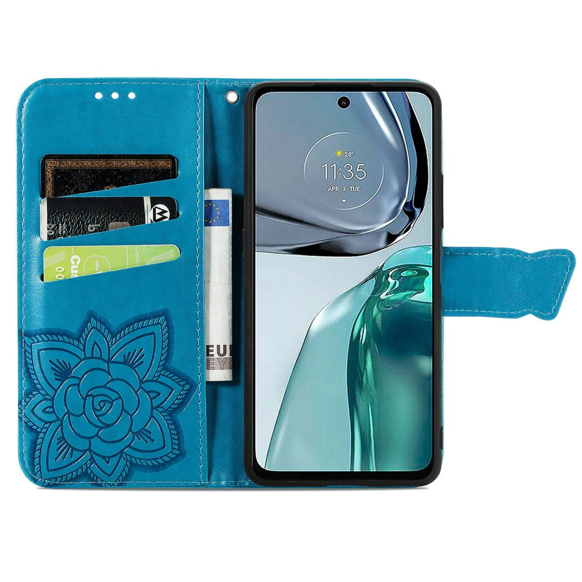 Blaue Handyhülle geöffnet, Telefon, Karten und Papierrolle zeigend. Blumendesign.