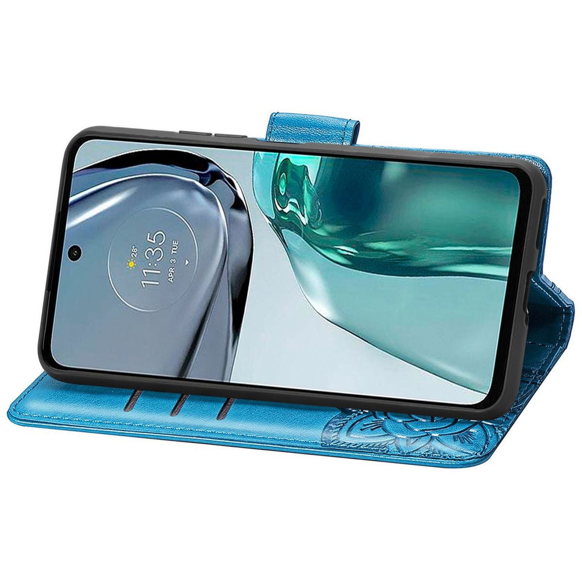 Blaue Handyhülle geöffnet, zeigt Telefonbildschirm mit Uhr. Hülle hat Blumendesign auf dem Deckel.