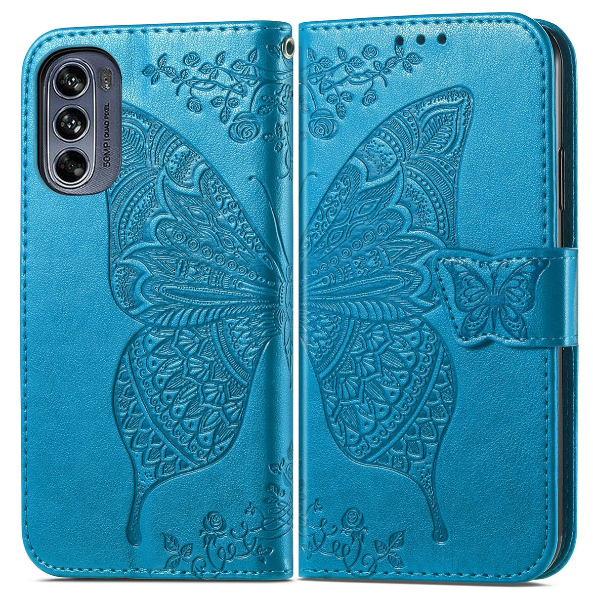 Eine blaue Leder-Handyhülle, offen, mit Schmetterlingsdesign und Kartenfächern im Inneren.