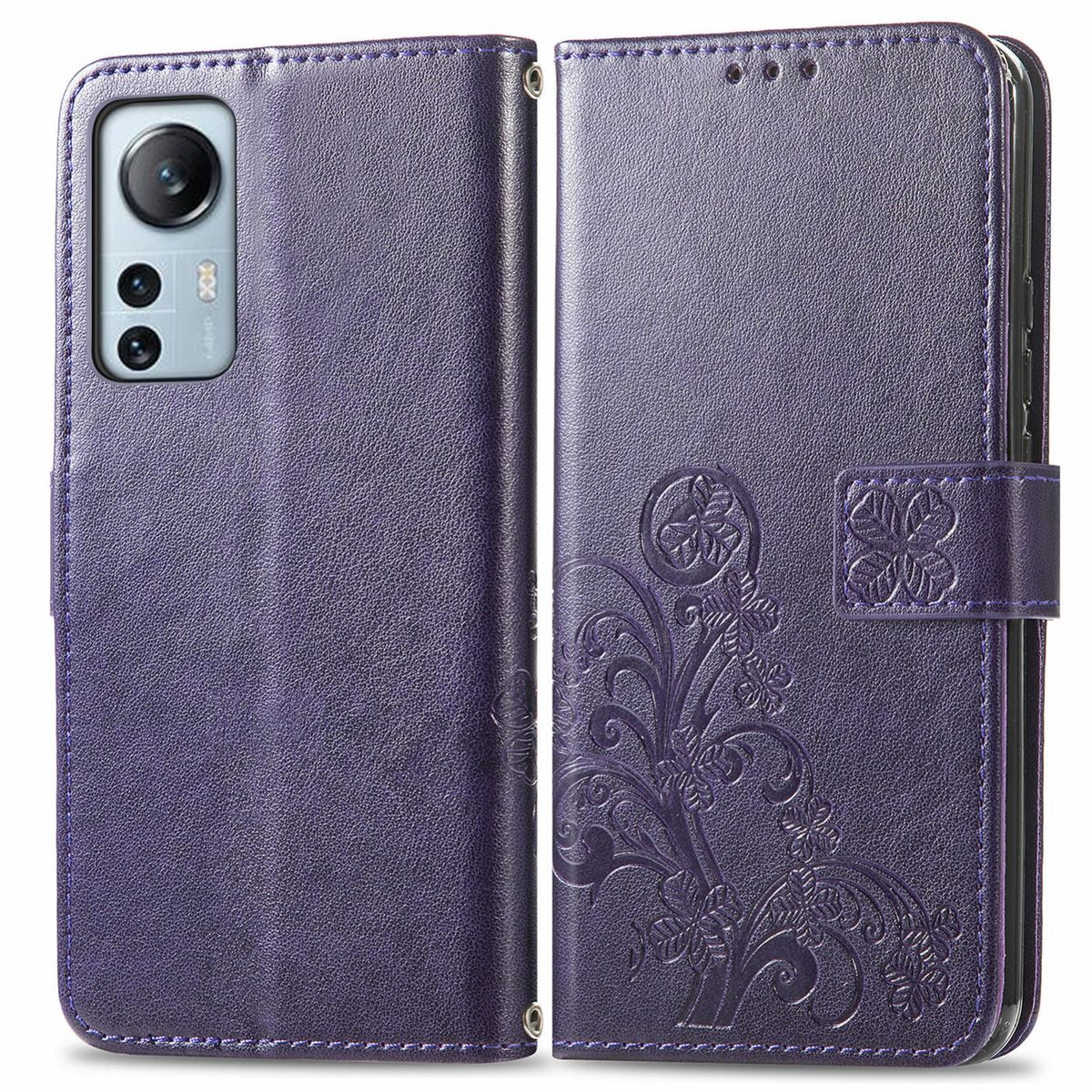 Eine lila Leder-Handyhülle, geöffnet, um ein Telefon zu zeigen. Blumenmuster geprägt.