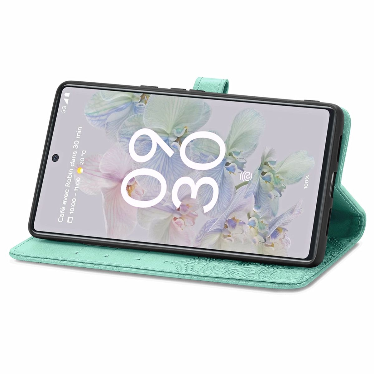 Telefon in türkisfarbenem Etui, Bildschirm mit floralem Hintergrund und Uhrzeit.