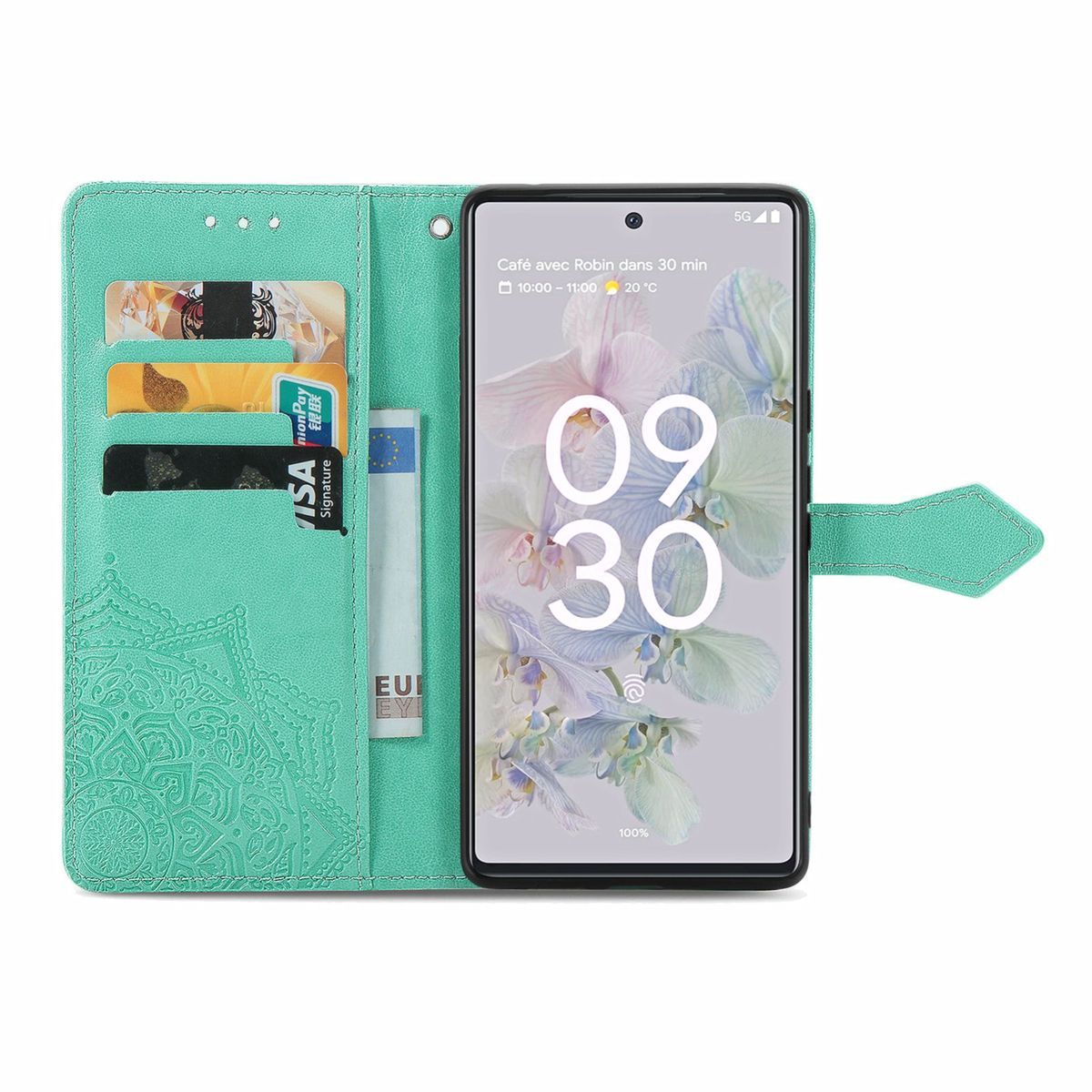 Türkisfarbene Handyhülle, geöffnet mit Telefon. Karten- und Geldfächer vorhanden.