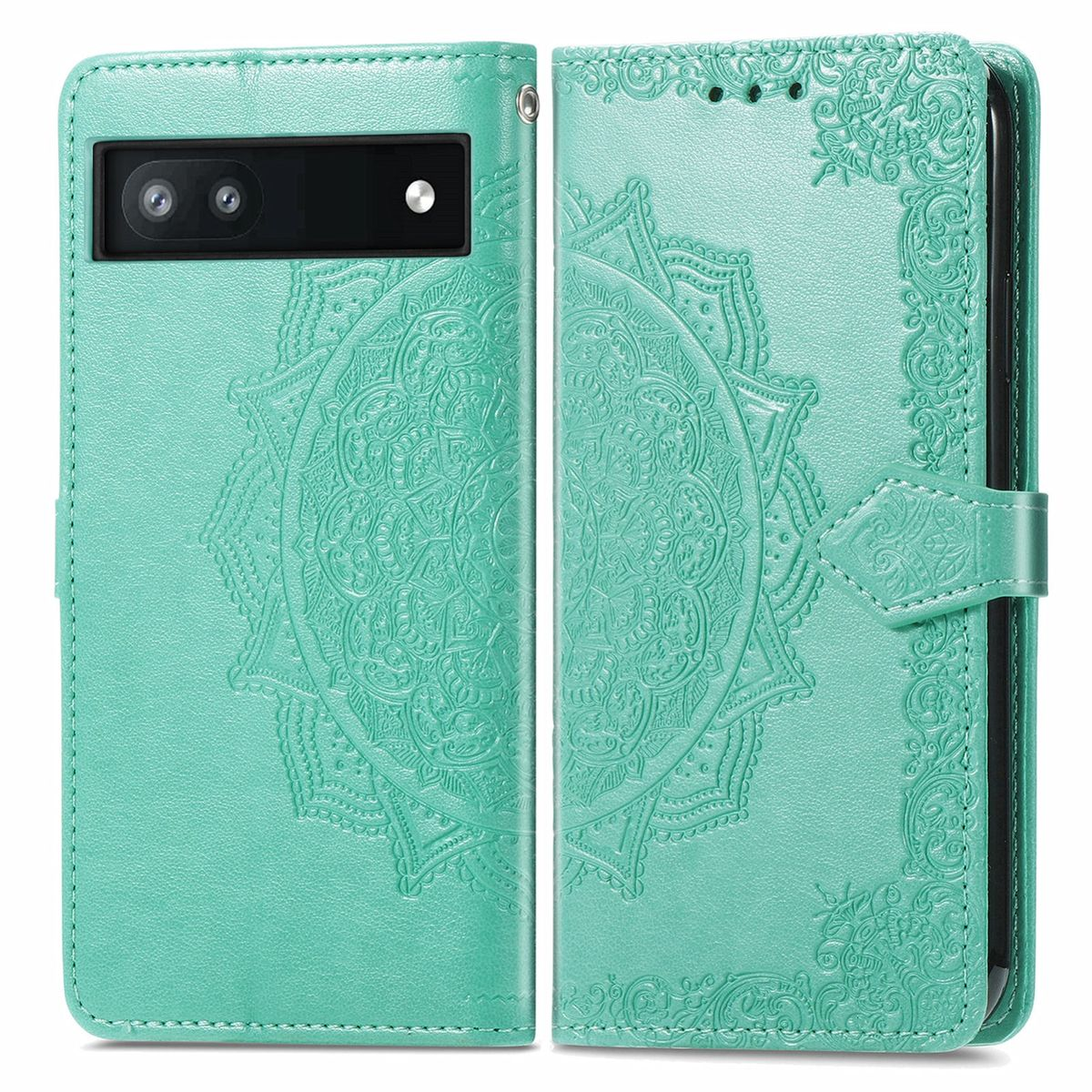 Eine türkisfarbene Handyhülle, geöffnet, mit einem Mandala-Design. Ein Telefon ist im Inneren.