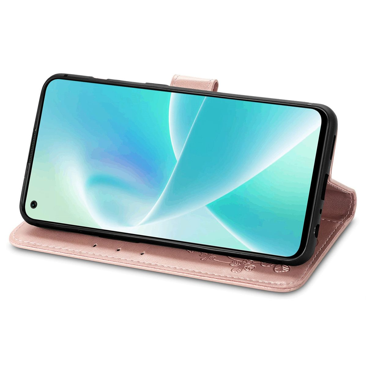 Rosa Handyhülle mit Telefon, zeigt die Vorderseite des Telefons.
