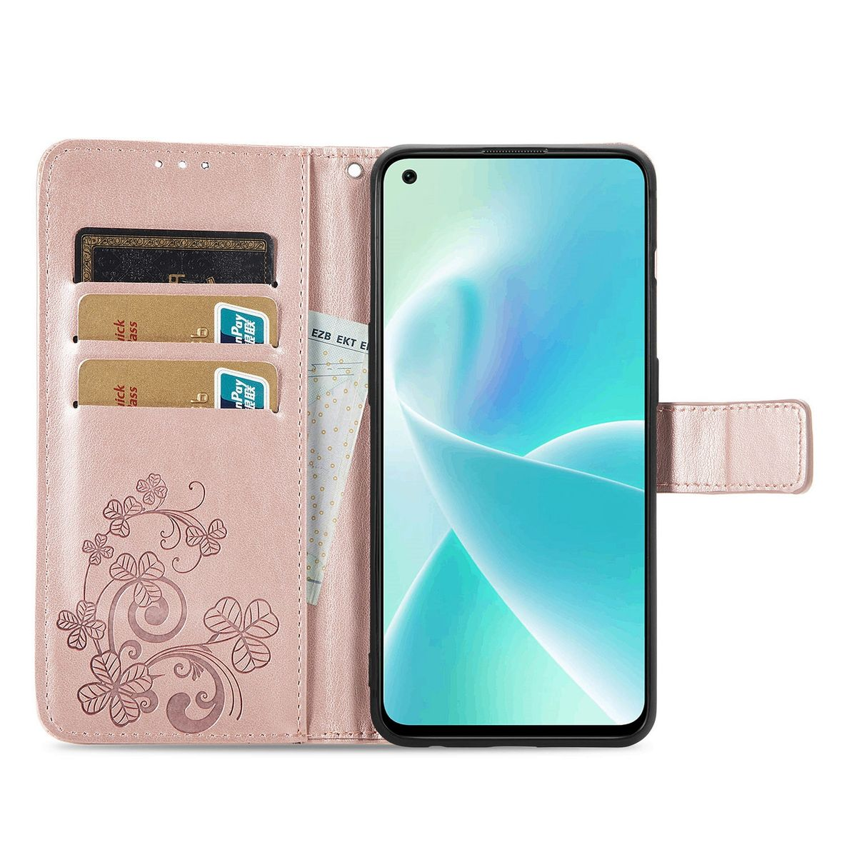 Rosafarbene Handyhülle offen. Zeigt Telefon und Kartenfächer. Rosa mit floralem Design.