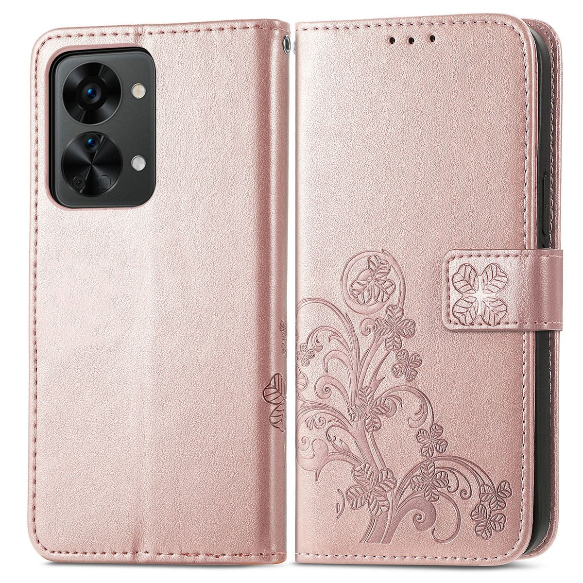 Eine rosa Handyhülle mit Blumendesign auf weißem Hintergrund.