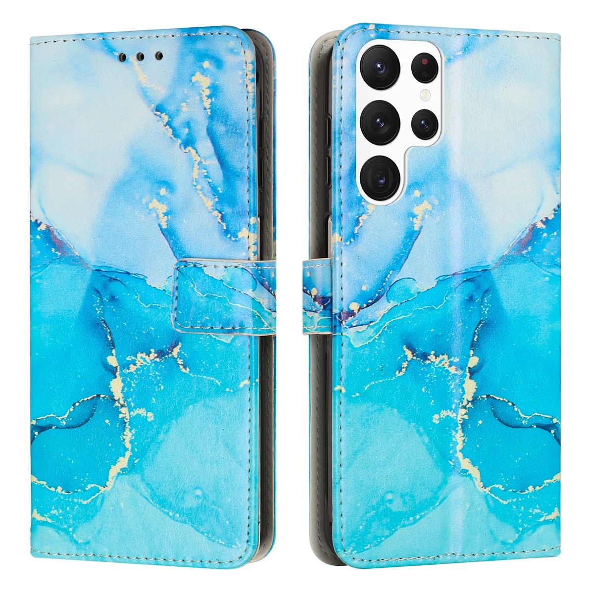 Blaue Handyhülle mit Marmormuster, offen, zeigt das Telefon.
