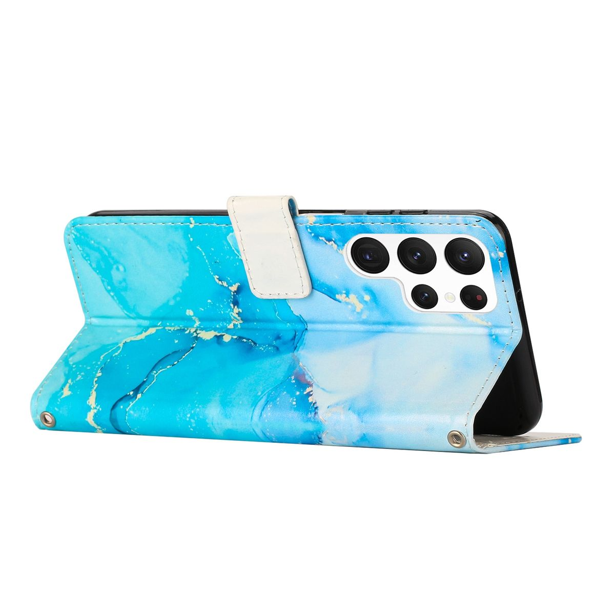 Blaue Handyhülle mit Marmormuster und einem Telefon darin.