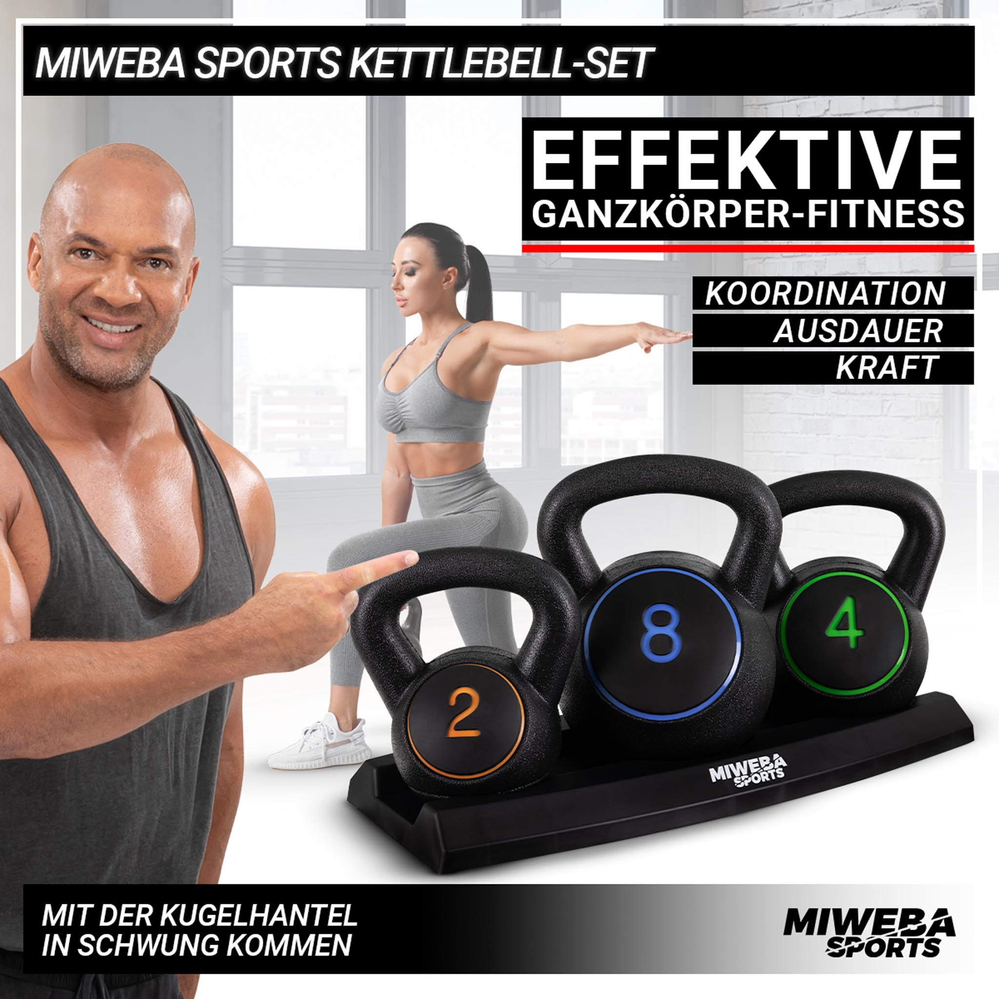 Bild zeigt Mann, der auf Kettlebells zeigt, Text über Fitness und Kraft.