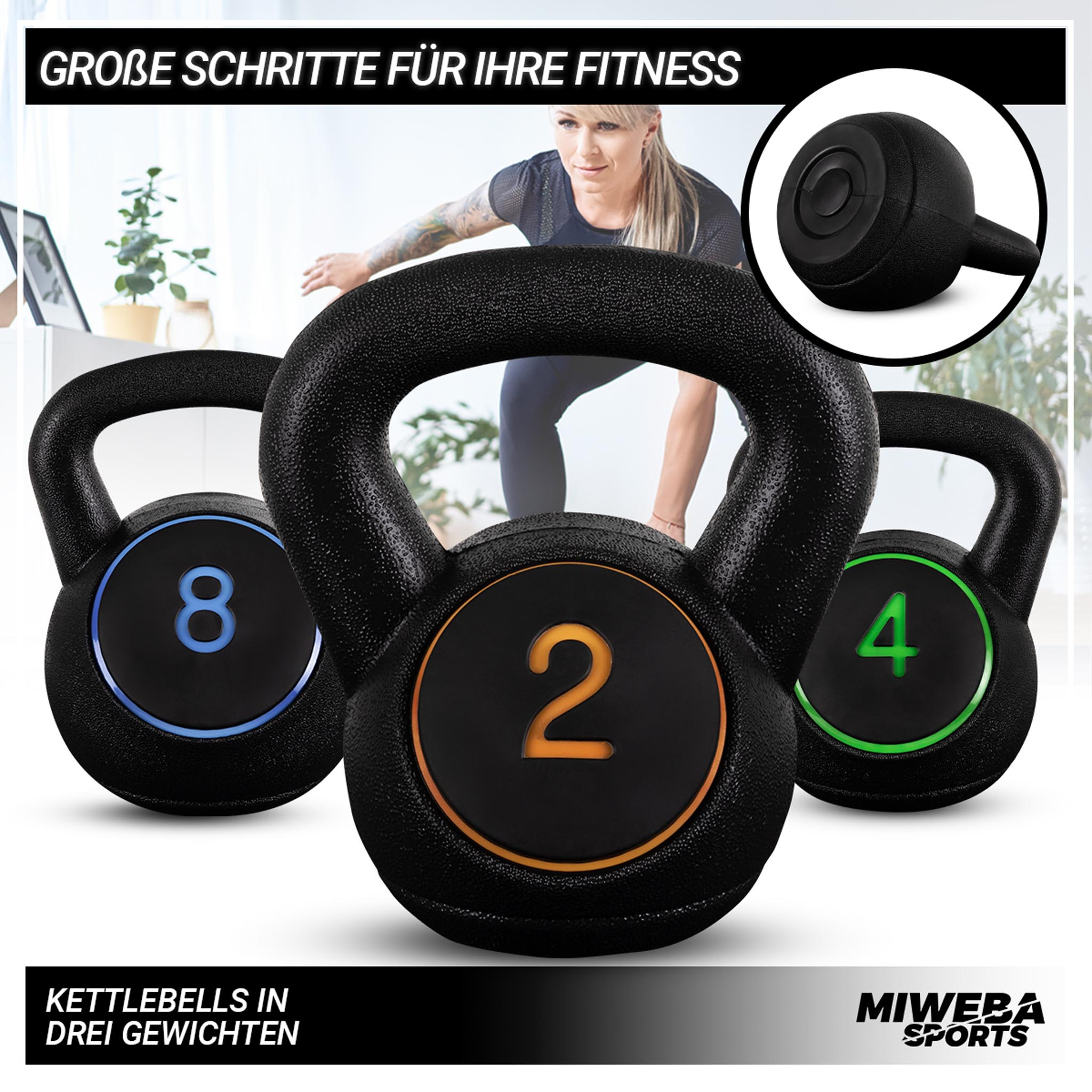 Drei schwarze Kettlebells in einer Reihe. Zahlen 2, 4 und 8 darauf. Textüberlagerung, weißer Hintergrund.