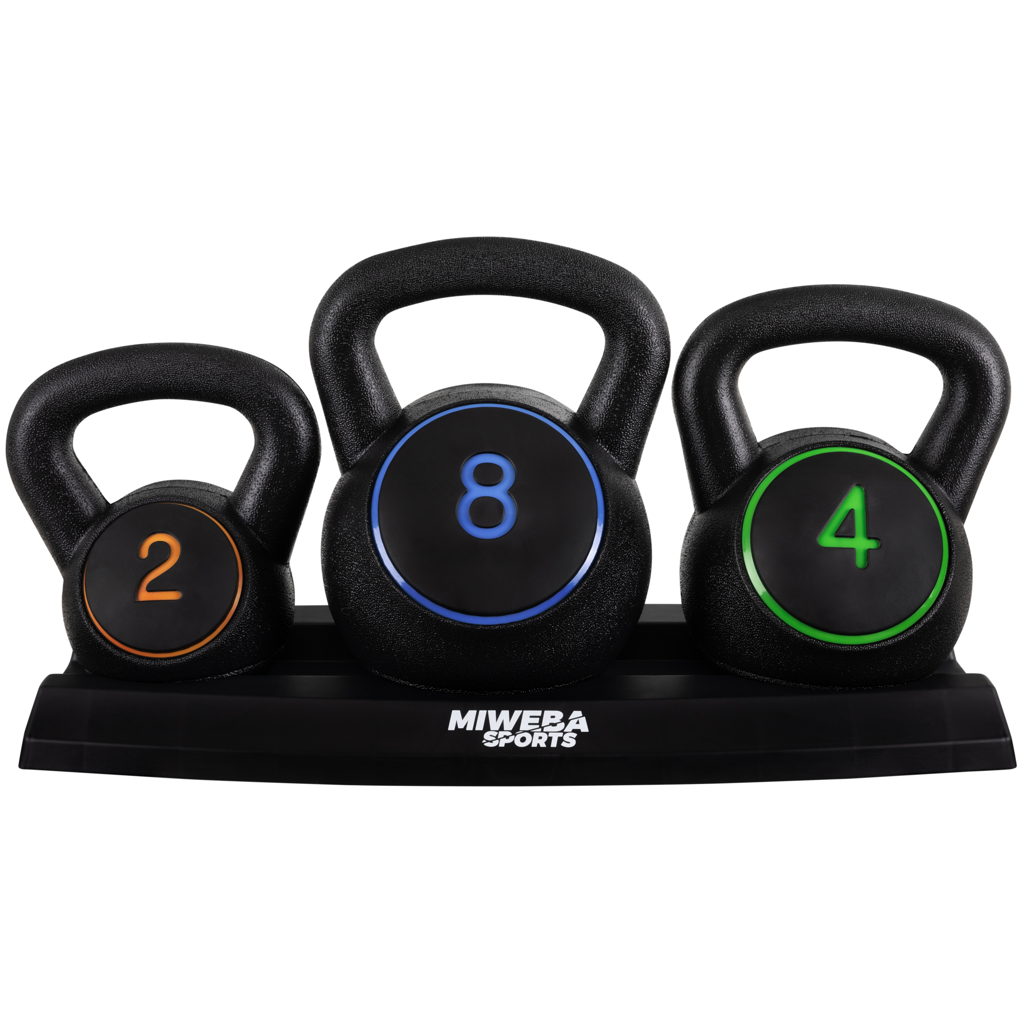 Drei Kettlebells auf einem schwarzen Ständer, beschriftet mit den Zahlen 2, 8 und 4.