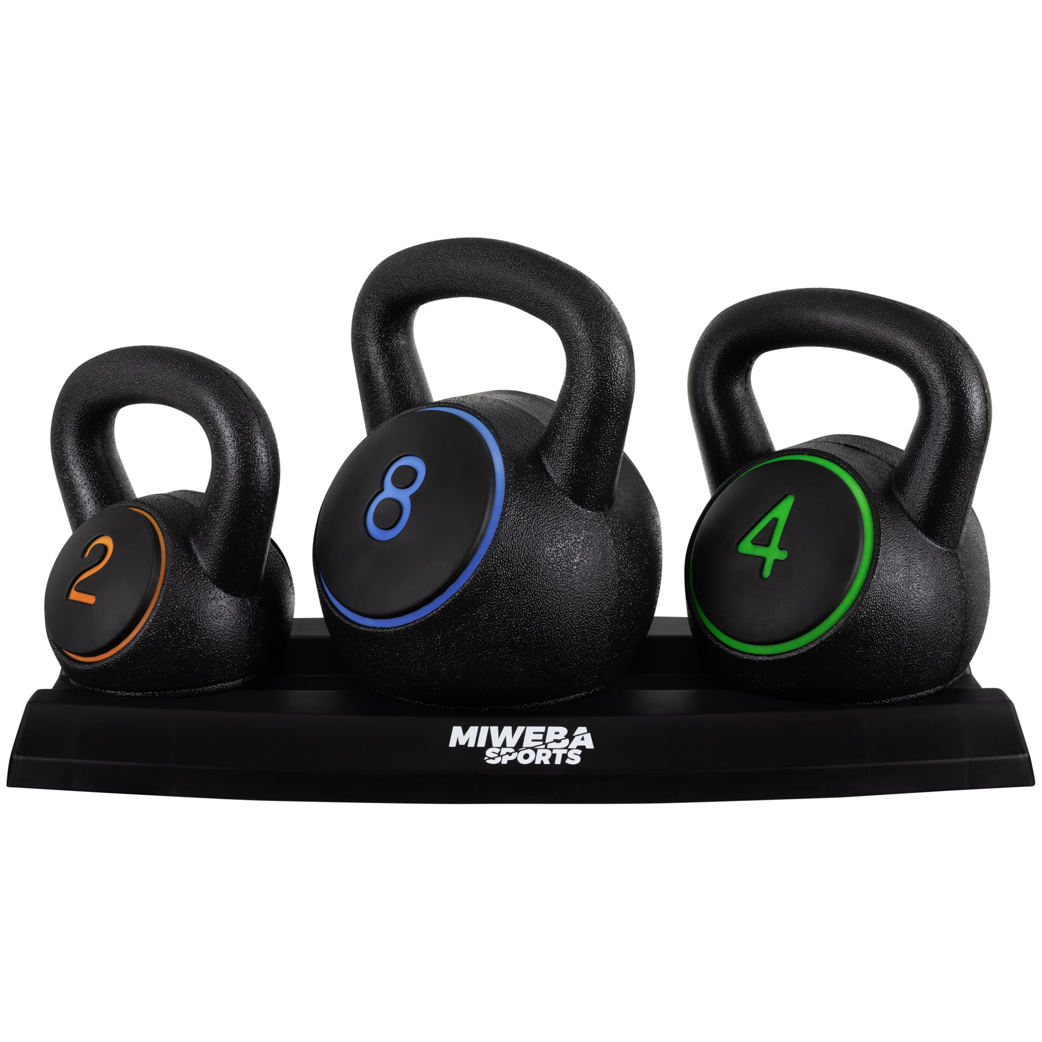 Drei schwarze Kettlebells mit Zahlen auf einem schwarzen Gestell. Weißer Hintergrund.