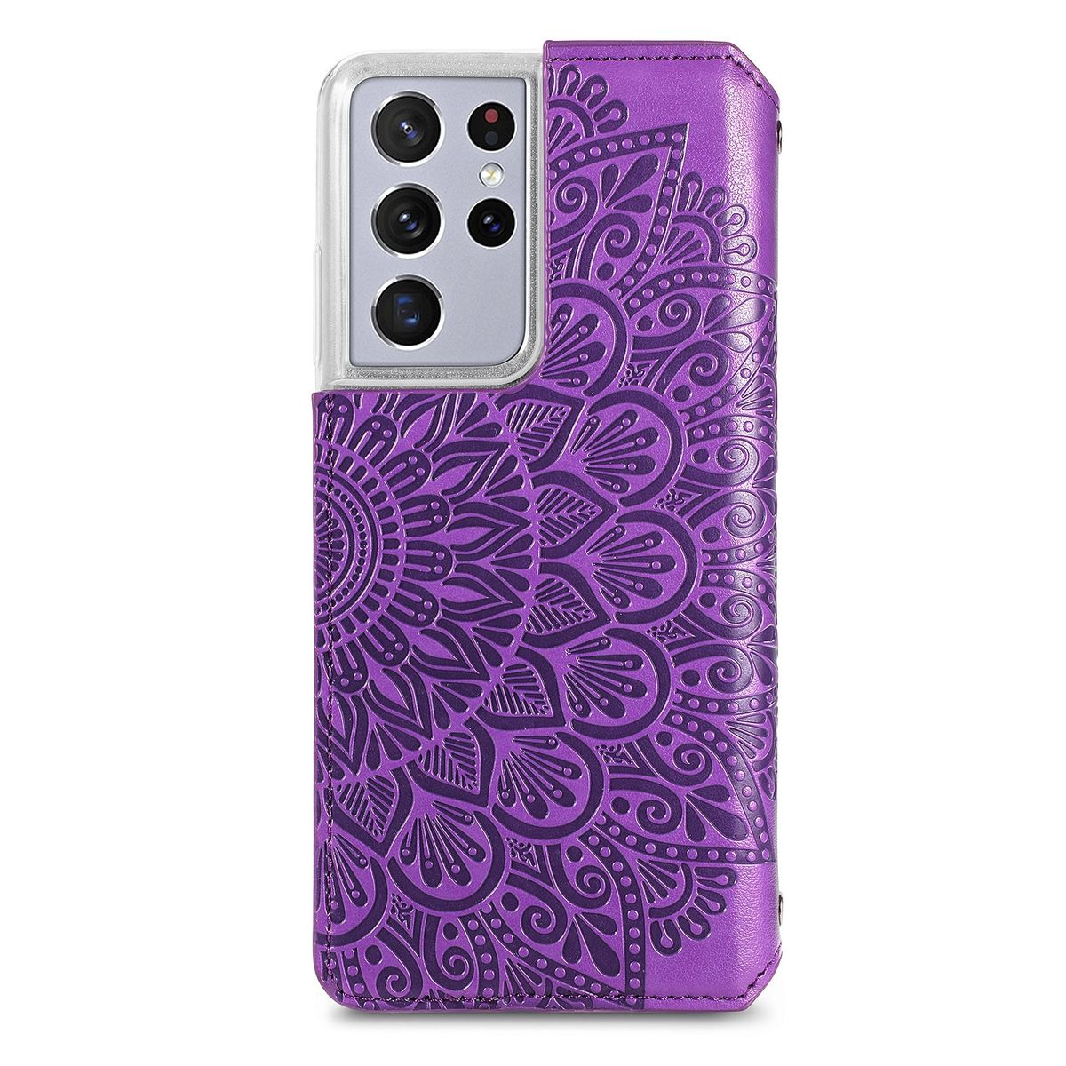 Lila Handyhülle mit Mandala-Muster. Das Telefon befindet sich in der Hülle. Die Hülle ist offen.