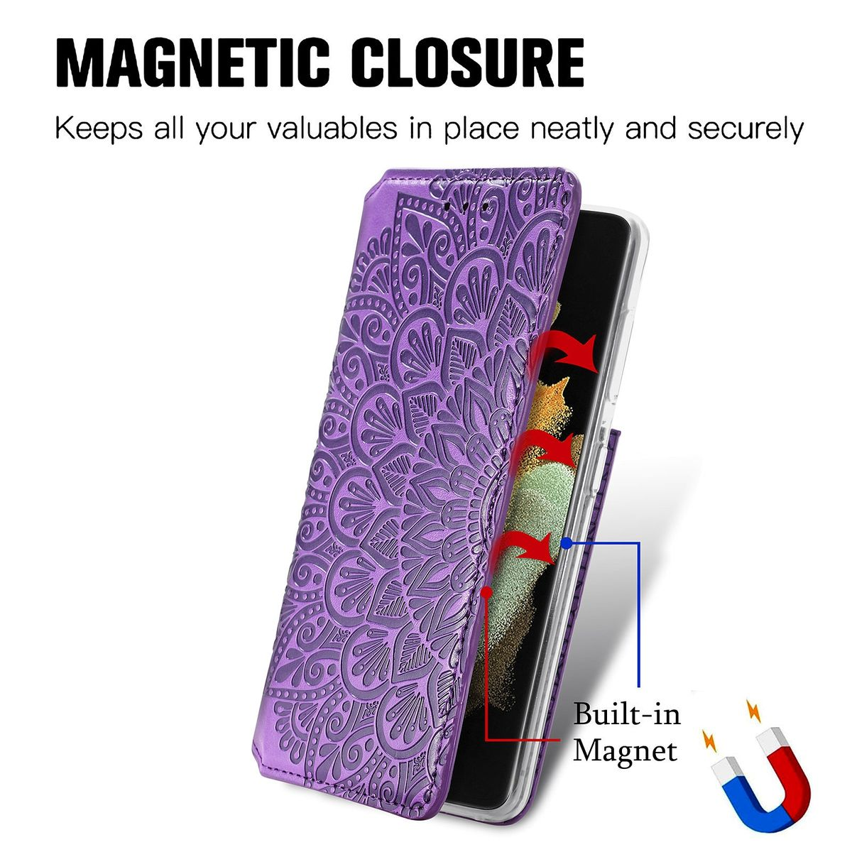 Lila Handyhülle offen, mit Telefon innen. Pfeile und Magnete zeigen Magnetverschluss. Mandala-Design.