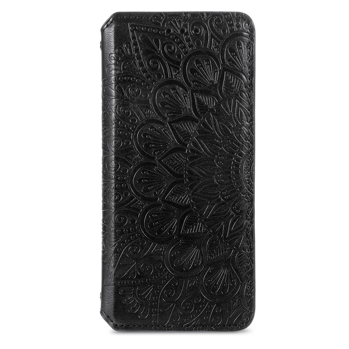 Eine schwarze Handyhülle mit geprägten floralen Mustern und detailliertem Design.