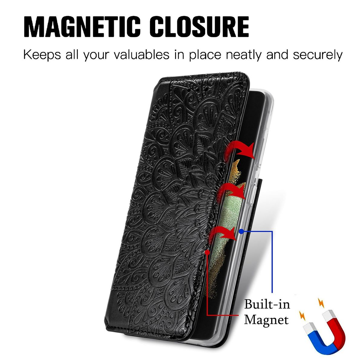 Schwarze Handyhülle mit Muster, geöffnet, um das Telefon zu zeigen. Magnetverschluss.