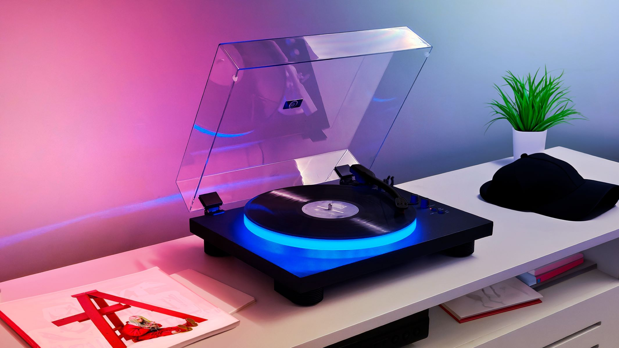 Gramofon z grającą płytą, pod przezroczystą osłoną, świecący na niebiesko.