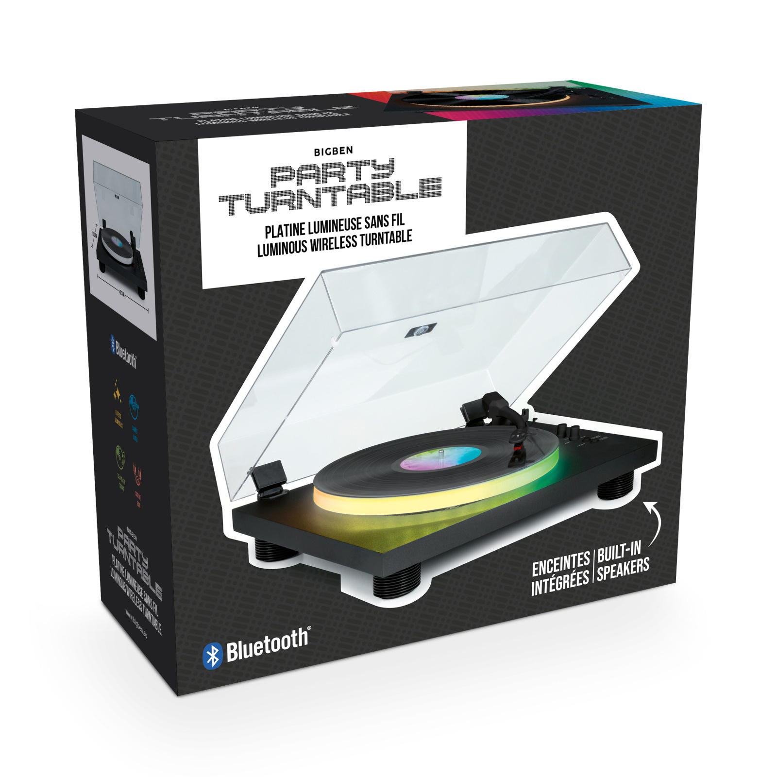 Gramofon Party w pudełku z tekstem i przezroczystą pokrywą, czarny korpus.