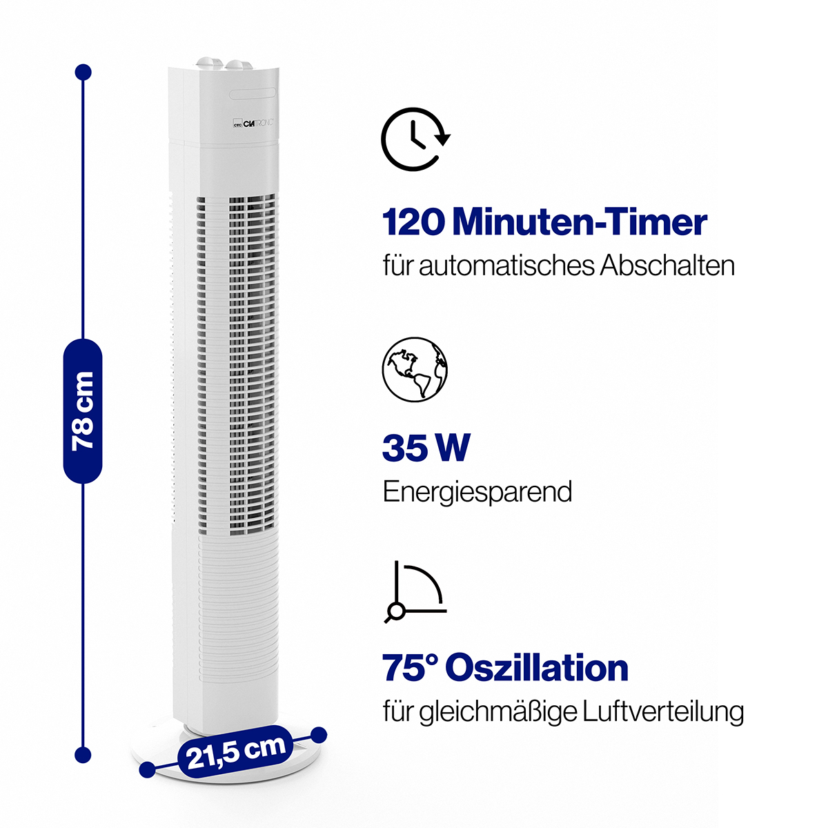 Biały wentylator wieżowy z czarnymi i niebieskimi detalami. Tekst: Timer 120 min, oszczędność energii 35W, oscylacja 75°.
