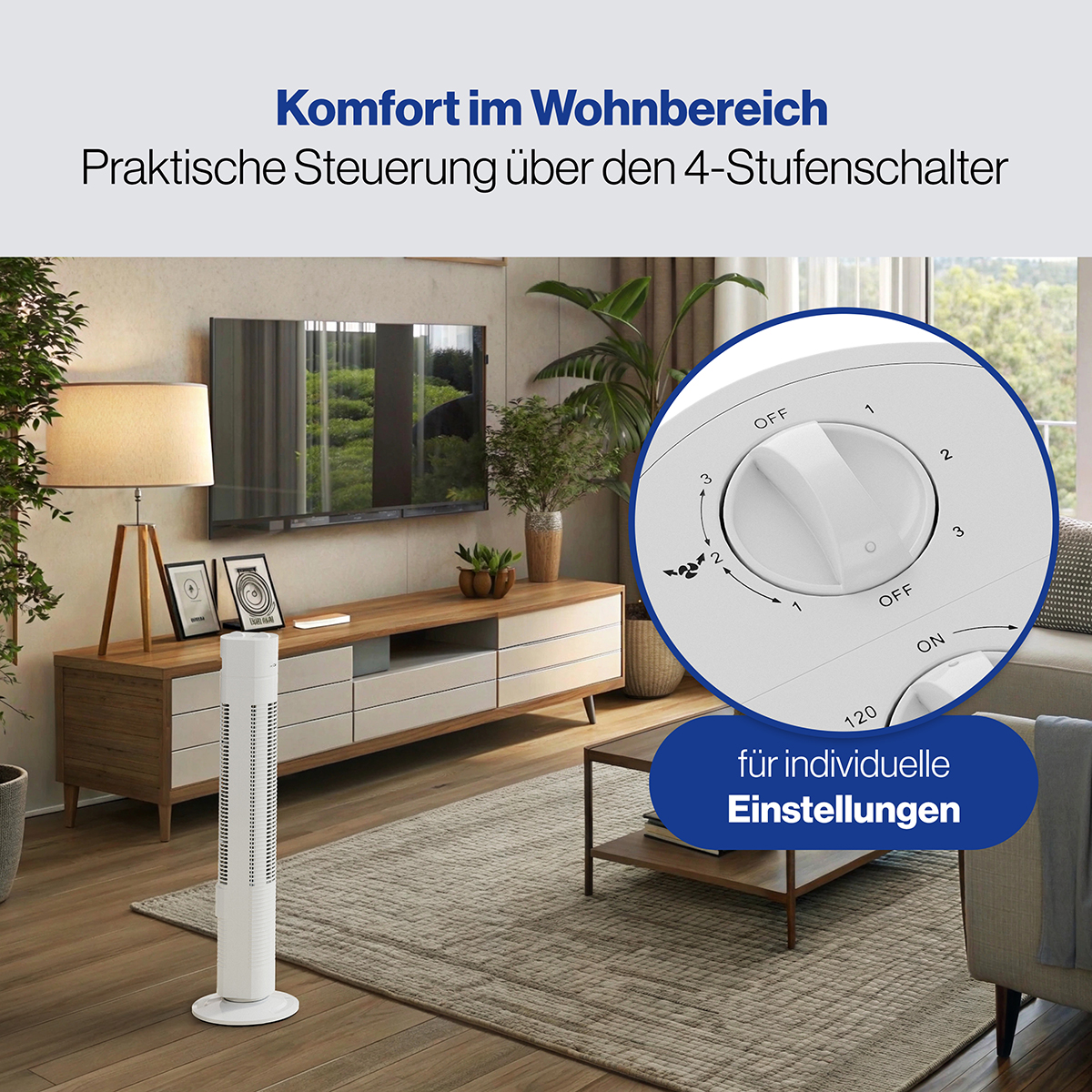 Biało-czarny wentylator w salonie z telewizorem, sofą i panelem sterowania w centrum uwagi.